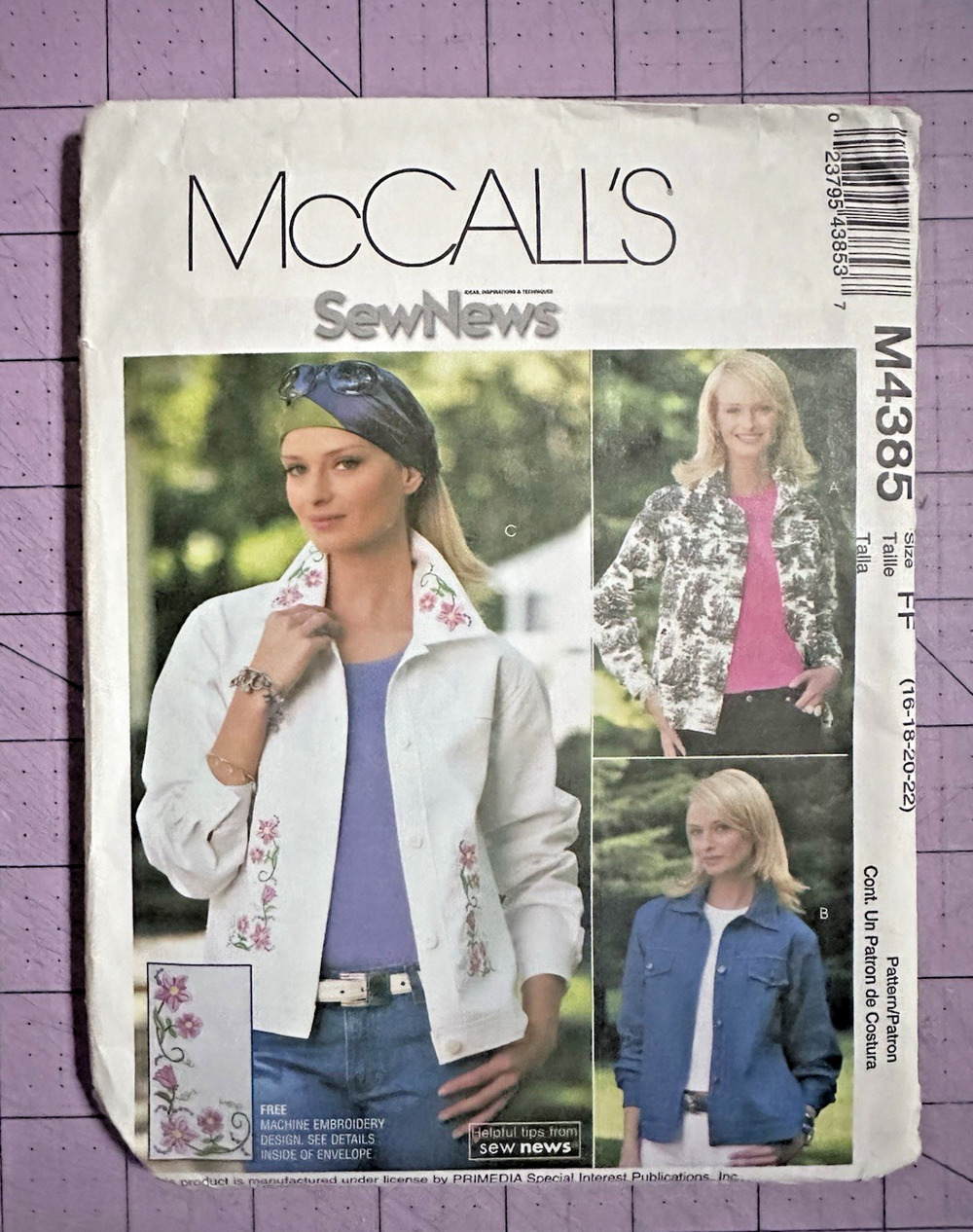 McCalls Sewing Pattern M4385 Jean Jacket 16-22 Front & Back Yoke Embroidery